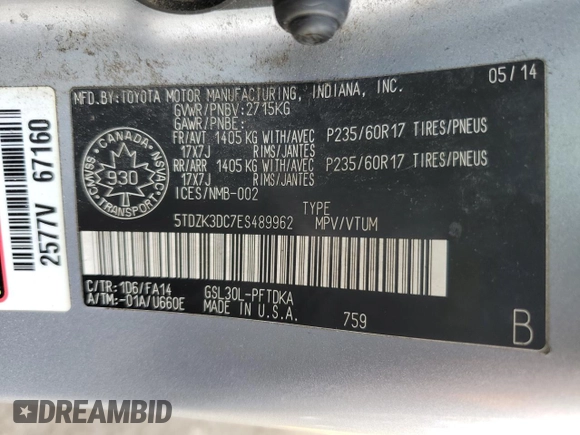 2014 Toyota Sienna L with VIN 5TDZK3DC7ES489962, listed as a Copart auction lot 48117985 with 329,366 mi miles and Clean Title. Bid and sale history available at carsss.com. Image 14.