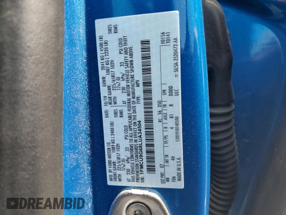 2020 Ford Escape SE с VIN 1FMCU9G68LUA34504, выставлен на аукционе Copart как лот 59356815 с пробегом 50 340 миль миль и Списание • Salvage title. История ставок и продаж доступна на DreamBid. Изображение 13.
