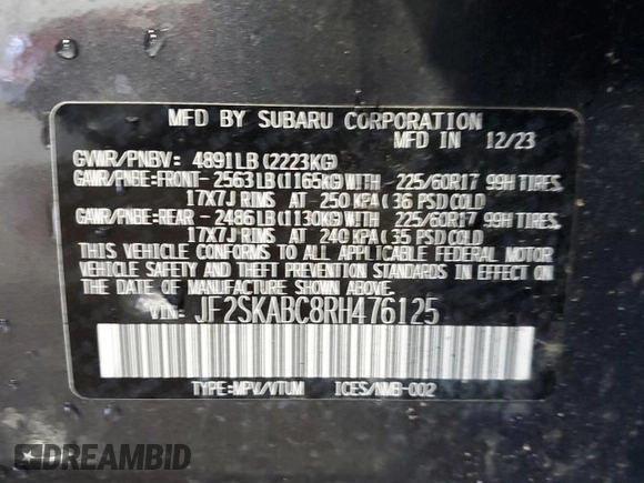 2024 Subaru Forester z VIN JF2SKABC8RH476125, wystawiony jako Copart lot #61822745 z przebiegiem 32 650 mil mil oraz Szkoda całkowita • Salvage title. Historia ofert i sprzedaży dostępna na DreamBid. Obrazek 14.