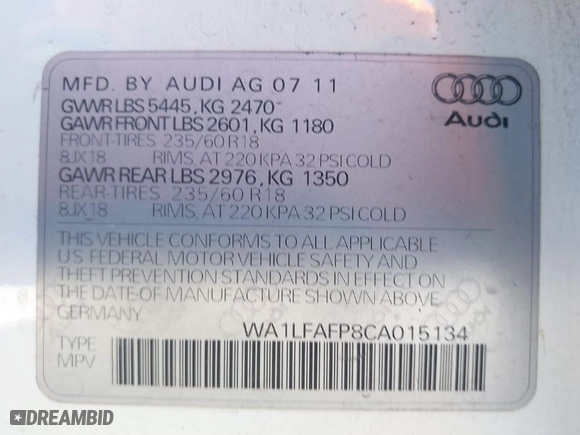 2012 Audi Q5 2.0T Premium Plus with VIN WA1LFAFP8CA015134, listed as a IAAI auction lot 41730416 with 131,299 mi miles. Bid and sale history available at carsss.com. Image 9.