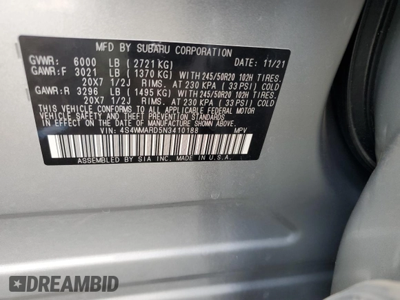 2022 Subaru Ascent Touring with VIN 4S4WMARD5N3410188, listed as a Copart auction lot 60893265 with 33,227 mi miles and Salvage title. Bid and sale history available at DreamBid. Image 14.