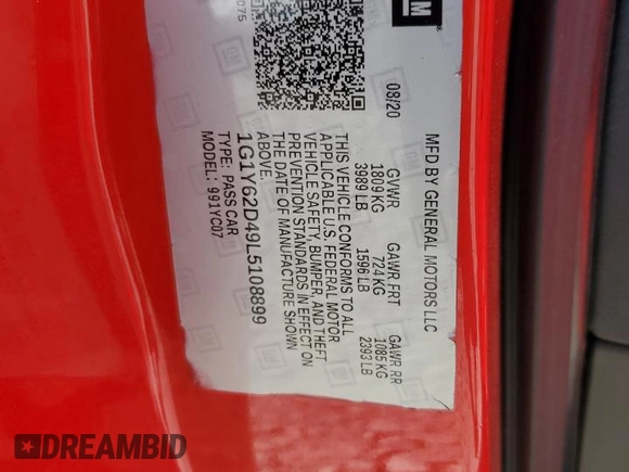 2020 Chevrolet Corvette 1LT z VIN 1G1Y62D49L5108899, wystawiony jako Copart lot #47392495 z przebiegiem 61 423 mil mil oraz Szkoda całkowita • Salvage title. Historia ofert i sprzedaży dostępna na DreamBid. Obrazek 14.