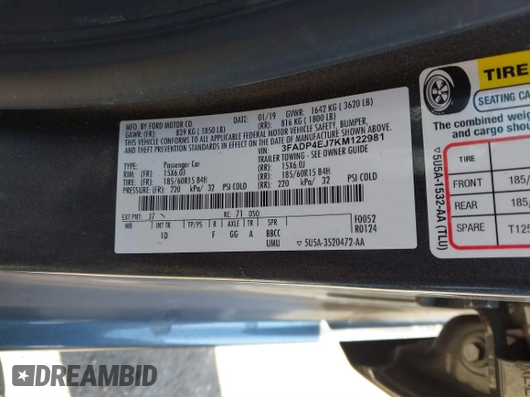 2019 Ford Fiesta SE with VIN 3FADP4EJ7KM122981, listed as a IAAI auction lot 40235576 with Not Provided miles and . Bid and sale history available at carsss.com. Image 9.