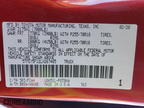 2020 Toyota Tundra 2WD SR5 with VIN 5TFEY5F12LX267485, listed as a Copart auction lot 74507304 with 0 mi miles and Non Repairable. Bid and sale history available at carsss.com. Image 14.
