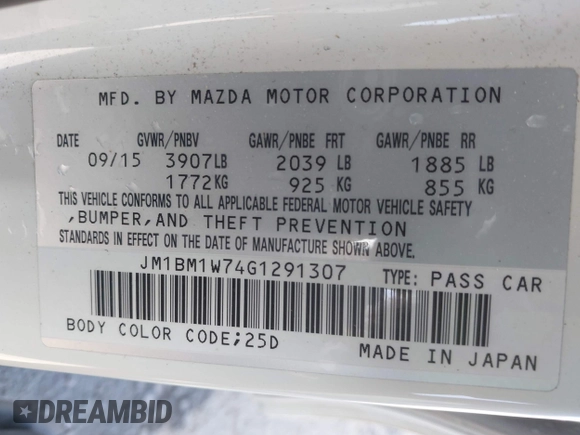 2016 Mazda 3 i Touring with VIN JM1BM1W74G1291307, listed as a IAAI auction lot 42106234 with 164,178 mi miles and . Bid and sale history available at DreamBid. Image 9.