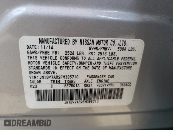 2015 Infiniti Q50 Premium with VIN JN1BV7AR2FM395710, listed as a Copart auction lot 60505055 with 108,333 mi miles and Salvage title. Bid and sale history available at DreamBid. Image 12.