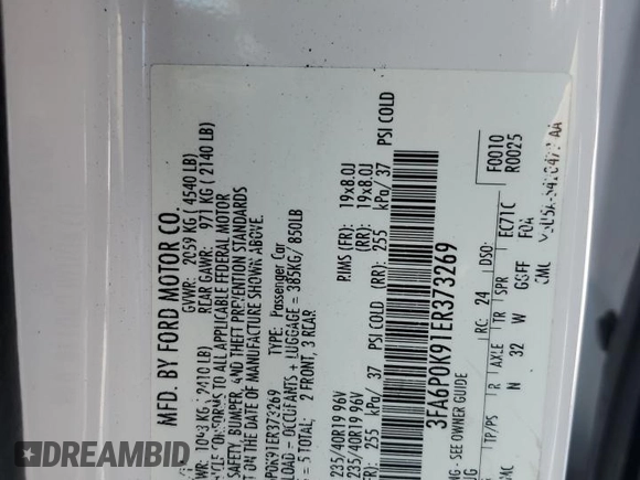 2014 Ford Fusion Titanium с VIN 3FA6P0K91ER373269, выставлен на аукционе Copart как лот 55870365 с пробегом 171 165 миль миль и Списание • Salvage title. История ставок и продаж доступна на DreamBid. Изображение 12.