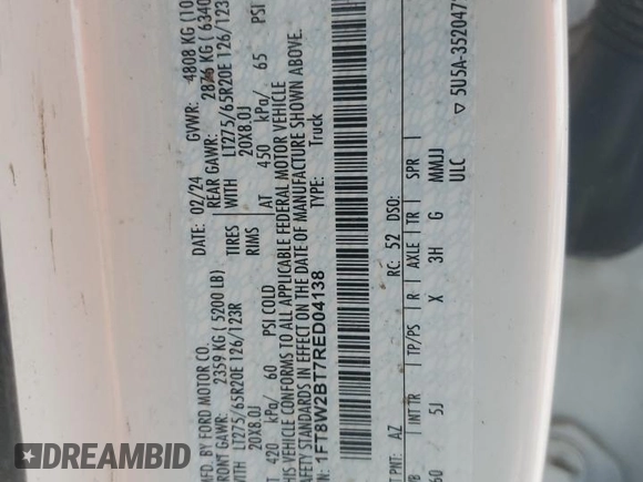 2024 Ford Super Duty F-250 SRW XL with VIN 1FT8W2BT7RED04138, listed as a Copart auction lot 42439295 with 0 mi miles and Salvage Title. Bid and sale history available at carsss.com. Image 12.