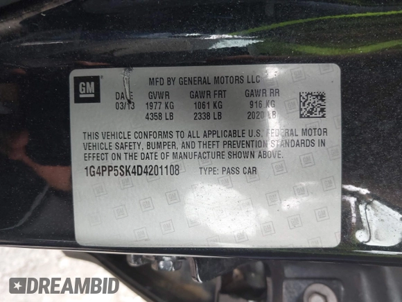 2013 Buick Verano with VIN 1G4PP5SK4D4201108, listed as a IAAI auction lot 42355240 with 121,971 mi miles and . Bid and sale history available at DreamBid. Image 9.