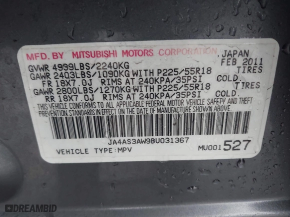 2011 Mitsubishi Outlander SE with VIN JA4AS3AW9BU031367, listed as a IAAI auction lot 41205148 with 160,252 mi miles. Bid and sale history available at carsss.com. Image 9.