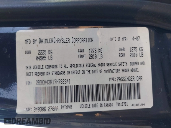 2007 Dodge Charger with VIN 2B3KA43R17H782341, listed as a IAAI auction lot 41393483 with 174,182 mi miles and . Bid and sale history available at carsss.com. Image 9.