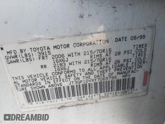 2000 Toyota RAV4 with VIN JT3GP10VXY7065795, listed as a IAAI auction lot 41792644 with 176,444 mi miles and . Bid and sale history available at DreamBid. Image 9.