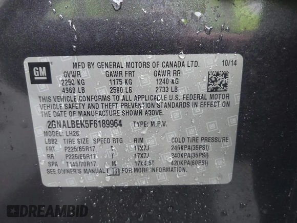 2015 Chevrolet Equinox LT with VIN 2GNALBEK5F6189964, listed as a IAAI auction lot 42062868 with 224,439 mi miles and . Bid and sale history available at DreamBid. Image 9.
