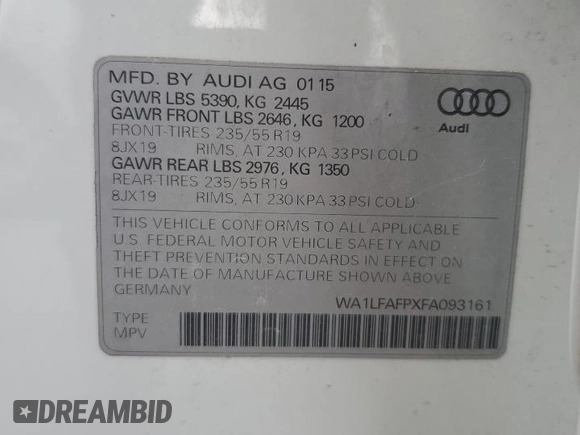 2015 Audi Q5 Premium Plus with VIN WA1LFAFPXFA093161, listed as a Copart auction lot 56824935 with 124,365 mi miles and Clean title. Bid and sale history available at DreamBid. Image 13.
