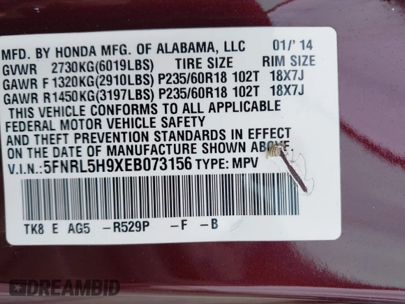 2014 Honda Odyssey Touring with VIN 5FNRL5H9XEB073156, listed as a IAAI auction lot 41990714 with 166,129 mi miles and . Bid and sale history available at DreamBid. Image 9.