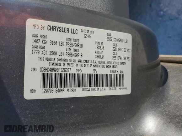 2008 Dodge Durango SLT with VIN 1D8HD48N08F126397, listed as a Copart auction lot 88971955 with 241,829 mi miles and Salvage title. Bid and sale history available at DreamBid. Image 14.
