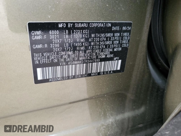 2024 Subaru Ascent Onyx Limited с VIN 4S4WMAKD7R3447999, выставлен на аукционе Copart как лот 57273785 с пробегом 10 855 миль миль и Чистый • Clean title. История ставок и продаж доступна на DreamBid. Изображение 13.