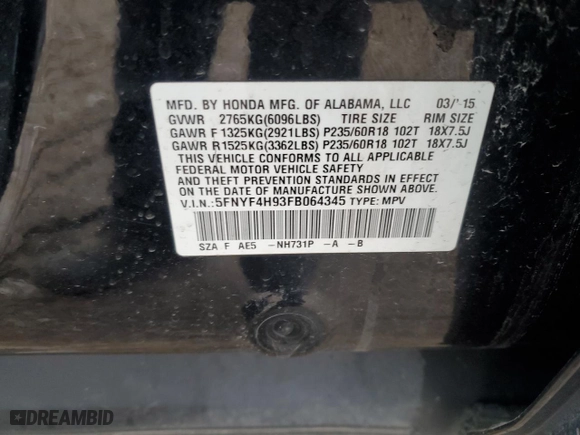 2015 Honda Pilot Touring with VIN 5FNYF4H93FB064345, listed as a Copart auction lot 44815965 with 170,139 mi miles and Salvage Title. Bid and sale history available at carsss.com. Image 13.