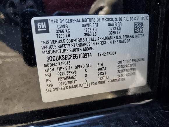 2014 Chevrolet Silverado 1500 LTZ with VIN 3GCUKSEC8EG100974, listed as a Copart auction lot 47840165 with 162,600 mi miles and Salvage Title. Bid and sale history available at carsss.com. Image 12.