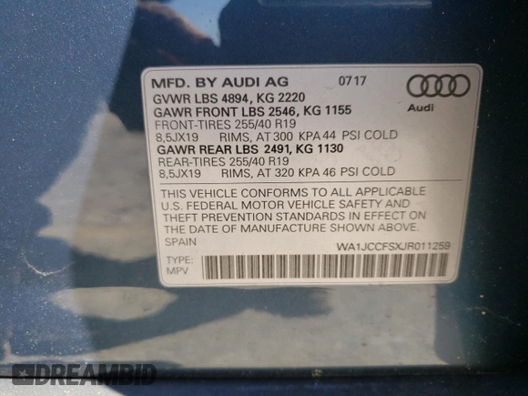 2018 Audi Q3 Premium Plus with VIN WA1JCCFSXJR011259, listed as a Copart auction lot 46882823 with 66,730 mi miles. Bid and sale history available at carsss.com. Image 14.
