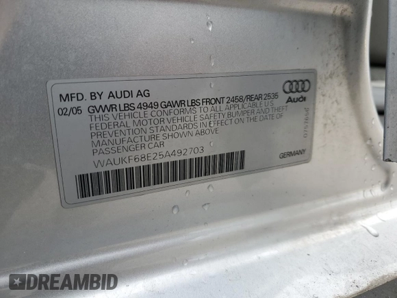 2005 Audi A4 2.0T with VIN WAUKF68E25A492703, listed as a Copart auction lot 84756174 with 68,771 mi miles and Salvage Title. Bid and sale history available at carsss.com. Image 14.