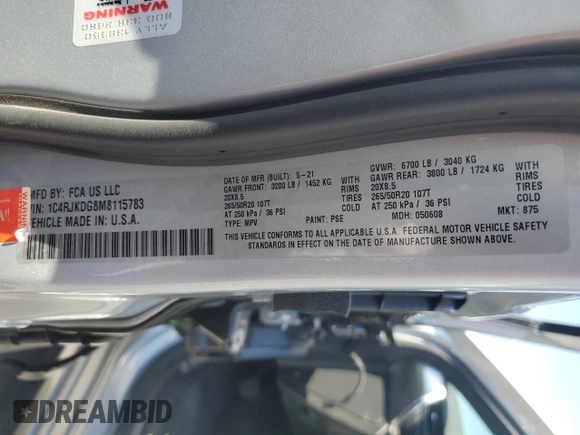 2021 Jeep Grand Cherokee Overland with VIN 1C4RJKDG8M8115783, listed as a Copart auction lot 61402645 with 55,387 mi miles and Salvage title. Bid and sale history available at DreamBid. Image 13.