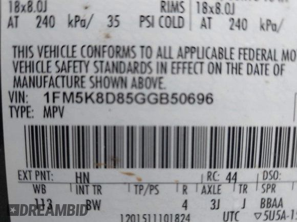 2016 Ford Explorer XLT with VIN 1FM5K8D85GGB50696, listed as a IAAI auction lot 41844526 with 87,233 mi miles and . Bid and sale history available at DreamBid. Image 9.
