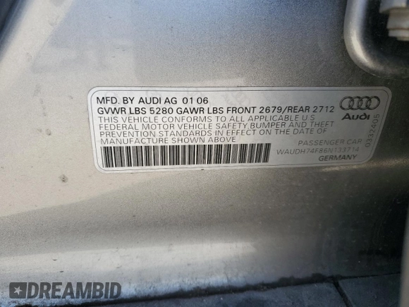 2006 Audi A6 3.2L z VIN WAUDH74F86N133714, wystawiony jako Copart lot #79189544 z przebiegiem Nie podano mil oraz Szkoda całkowita • Salvage title. Historia ofert i sprzedaży dostępna na DreamBid. Obrazek 13.