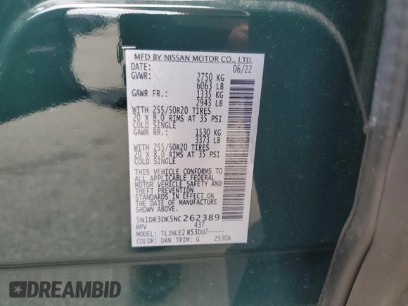 2022 Nissan Pathfinder Platinum with VIN 5N1DR3DK5NC262389, listed as a Copart auction lot 64742985 with 39,985 mi miles and Salvage title. Bid and sale history available at DreamBid. Image 14.