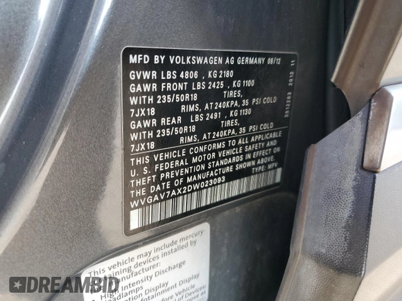 2013 Volkswagen Tiguan SE z VIN WVGAV7AX2DW023093, wystawiony jako Copart lot #64694405 z przebiegiem 137 460 mil mil oraz Szkoda całkowita • Salvage title. Historia ofert i sprzedaży dostępna na DreamBid. Obrazek 13.