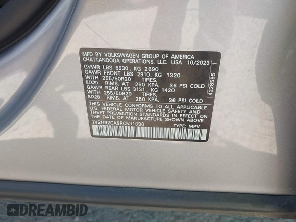 2024 Volkswagen Atlas SE with VIN 1V2HR2CA9RC531636, listed as a IAAI auction lot 42757784 with 40,257 mi miles and . Bid and sale history available at DreamBid. Image 9.