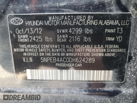 2013 Hyundai Sonata GLS with VIN 5NPEB4AC0DH624289, listed as a Copart auction lot 47611775 with 126,320 mi miles and Salvage Title. Bid and sale history available at carsss.com. Image 14.