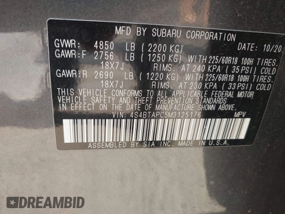 2021 Subaru Outback Touring с VIN 4S4BTAPC5M3125176, выставлен на аукционе IAAI как лот 42729316 с пробегом 70 267 миль миль и . История ставок и продаж доступна на DreamBid. Изображение 9.