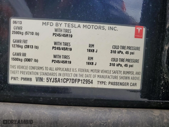 2013 Tesla Model S Performance with VIN 5YJSA1CP7DFP12954, listed as a Copart auction lot 50093815 with 35719 miles and Salvage Title. Bid and sale history available at carsss.com. Image 12.