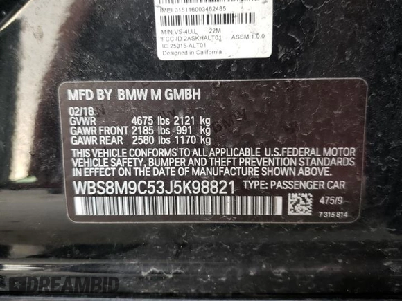 2018 BMW M3 with VIN WBS8M9C53J5K98821, listed as a Copart auction lot 37048984 with 0 mi miles. Bid and sale history available at carsss.com. Image 15.