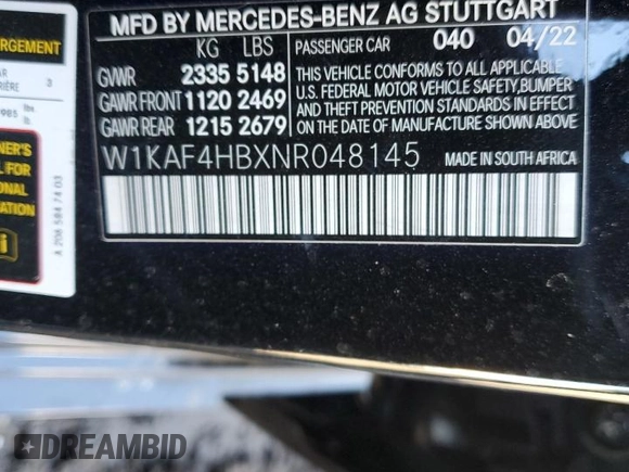 2022 Mercedes-Benz C 300 z VIN W1KAF4HBXNR048145, wystawiony jako Copart lot #49317815 z przebiegiem 54 809 mil mil oraz Szkoda całkowita • Salvage title. Historia ofert i sprzedaży dostępna na DreamBid. Obrazek 15.