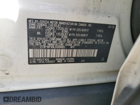 2020 Toyota RAV4 XLE with VIN 2T3P1RFV0LC099665, listed as a Copart auction lot 51187755 with 86,198 mi miles and Salvage Title. Bid and sale history available at DreamBid. Image 13.