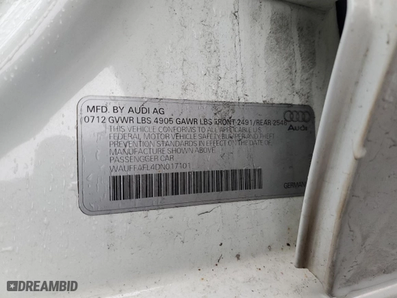 2013 Audi A4 Premium Plus with VIN WAUFFAFL4DN017101, listed as a Copart auction lot 49883065 with 163,949 mi miles and Salvage Title. Bid and sale history available at carsss.com. Image 12.