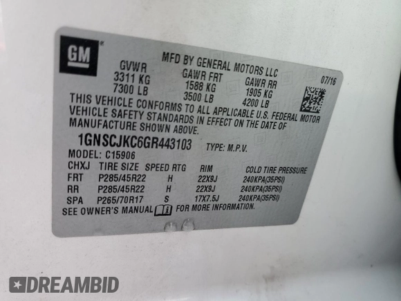 2016 Chevrolet Suburban LTZ with VIN 1GNSCJKC6GR443103, listed as a Copart auction lot 56418475 with 195,139 mi miles and Salvage title. Bid and sale history available at DreamBid. Image 13.