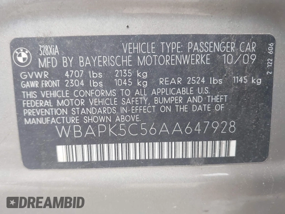 2010 BMW 3 Series 328i xDrive with VIN WBAPK5C56AA647928, listed as a IAAI auction lot 42511930 with 149,584 mi miles and . Bid and sale history available at DreamBid. Image 9.