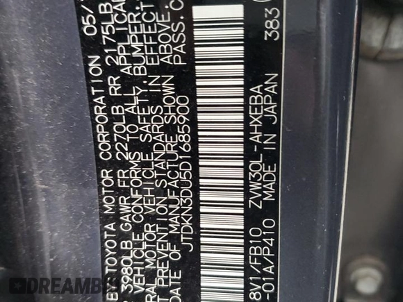 2013 Toyota Prius One with VIN JTDKN3DU5D1685900, listed as a Copart auction lot 43041565 with 193,277 mi miles and Salvage Title. Bid and sale history available at carsss.com. Image 14.