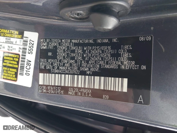 2010 Toyota Sienna CE with VIN 5TDKK4CC2AS307622, listed as a IAAI auction lot 41829193 with 189,107 mi miles. Bid and sale history available at carsss.com. Image 9.