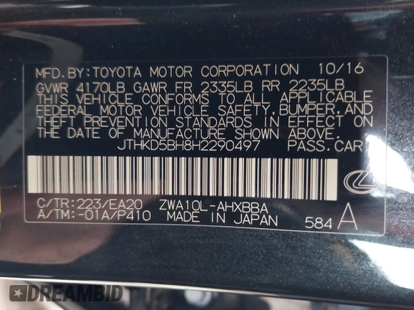 2017 Lexus CT with VIN JTHKD5BH8H2290497, listed as a IAAI auction lot 41934687 with 44,496 mi miles. Bid and sale history available at carsss.com. Image 9.