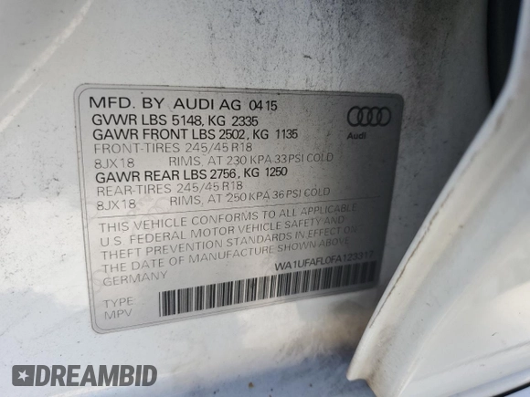 2015 Audi allroad Premium Plus with VIN WA1UFAFL0FA123317, listed as a Copart auction lot 76223934 with 160,507 mi miles and Salvage Title. Bid and sale history available at carsss.com. Image 13.