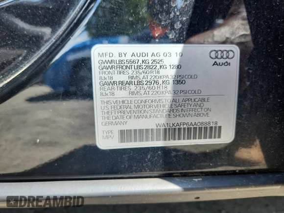 2010 Audi Q5 Premium Plus z VIN WA1LKAFP6AA088818, wystawiony jako Copart lot #61397495 z przebiegiem 103 972 mil mil oraz Szkoda całkowita • Salvage title. Historia ofert i sprzedaży dostępna na DreamBid. Obrazek 13.