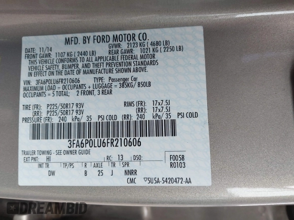 2015 Ford Fusion SE Hybrid with VIN 3FA6P0LU6FR210606, listed as a IAAI auction lot 42070466 with 123,043 mi miles and . Bid and sale history available at DreamBid. Image 9.