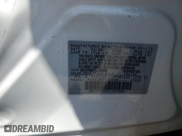 2020 Nissan Kicks S с VIN 3N1CP5BV7LL523086, выставлен на аукционе Copart как лот 57879385 с пробегом 47 286 миль миль и Списание • Salvage title. История ставок и продаж доступна на DreamBid. Изображение 13.