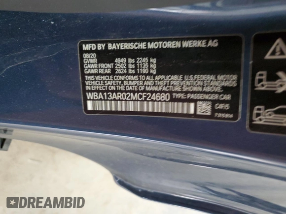 2021 BMW 4 Series M440i xDrive with VIN WBA13AR02MCF24680, listed as a Copart auction lot 43516895 with 48,195 mi miles and Salvage Title. Bid and sale history available at DreamBid. Image 12.