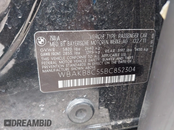 2011 BMW 7 Series 750Li с VIN WBAKB8C55BC852304, выставлен на аукционе IAAI как лот 42548356 с пробегом 166 529 миль миль и . История ставок и продаж доступна на DreamBid. Изображение 9.