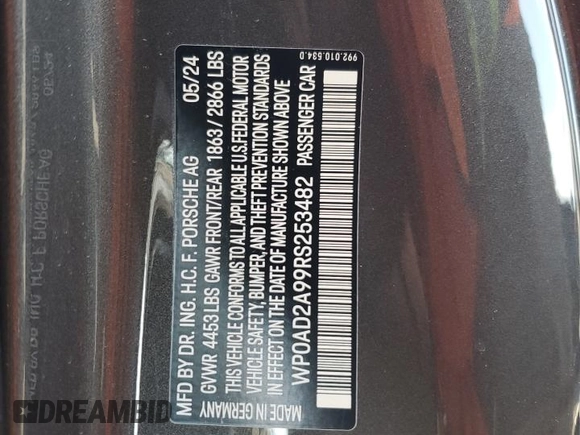 2024 Porsche 911 Turbo with VIN WP0AD2A99RS253482, listed as a Copart auction lot 80100954 with 0 mi miles and Salvage Title. Bid and sale history available at carsss.com. Image 12.
